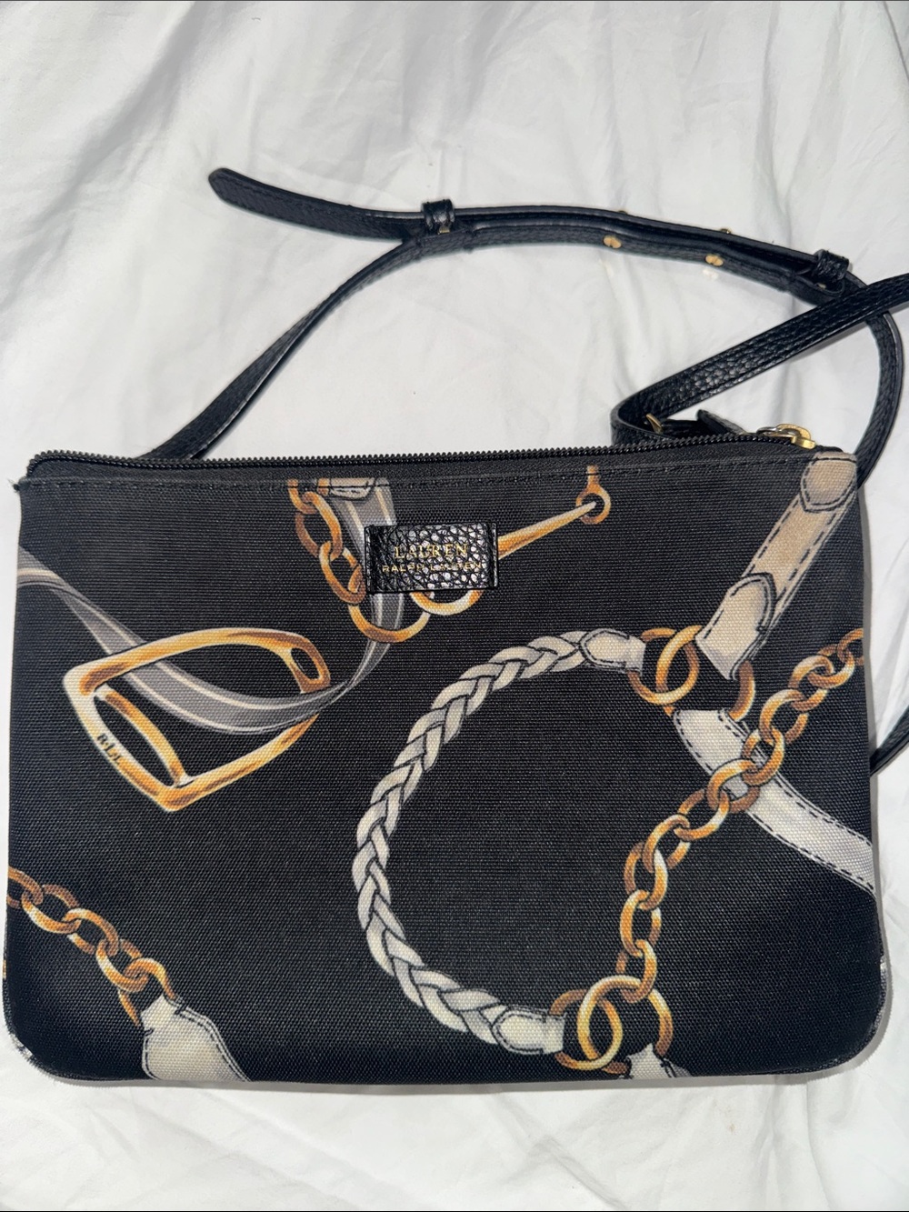 Ralph Lauren Black Chain & Strap Print Crossbody Bag